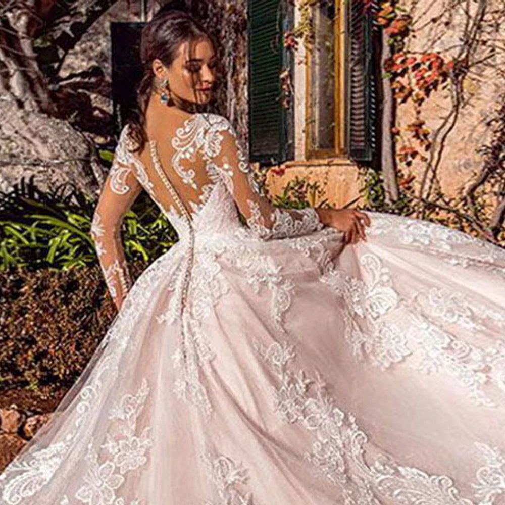 Lace Long Sleeves Bridal Gown Illusion Back Sweetheart Tulle A Line Wedding Dress - The Clothing Company Sydney