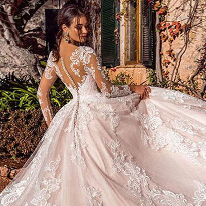Lace Long Sleeves Bridal Gown Illusion Back Sweetheart Tulle A Line Wedding Dress - The Clothing Company Sydney