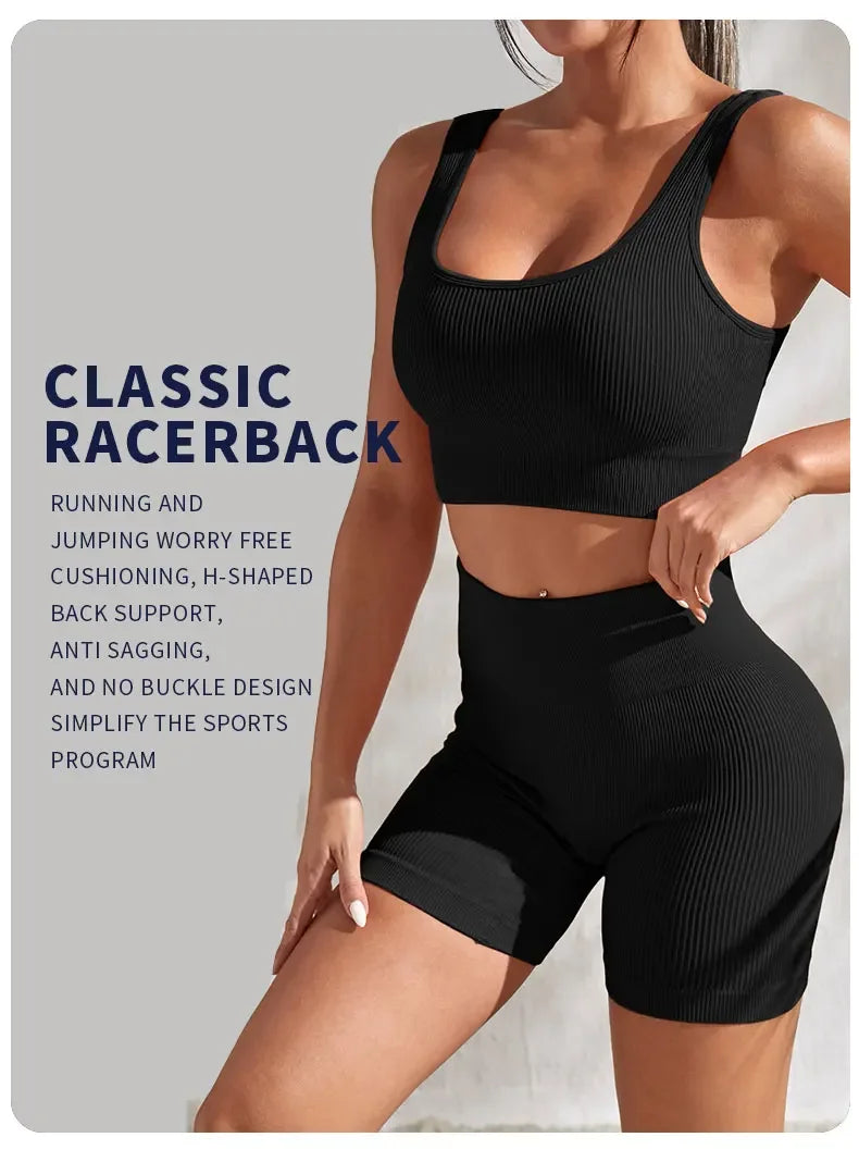 Seamless Ribbed Yoga Sets Workout Sets for Women 2 Pieces Gym Suits Ribbed Crop Tank High Waist Shorts Outfits Fitness Running The Clothing Company Sydney