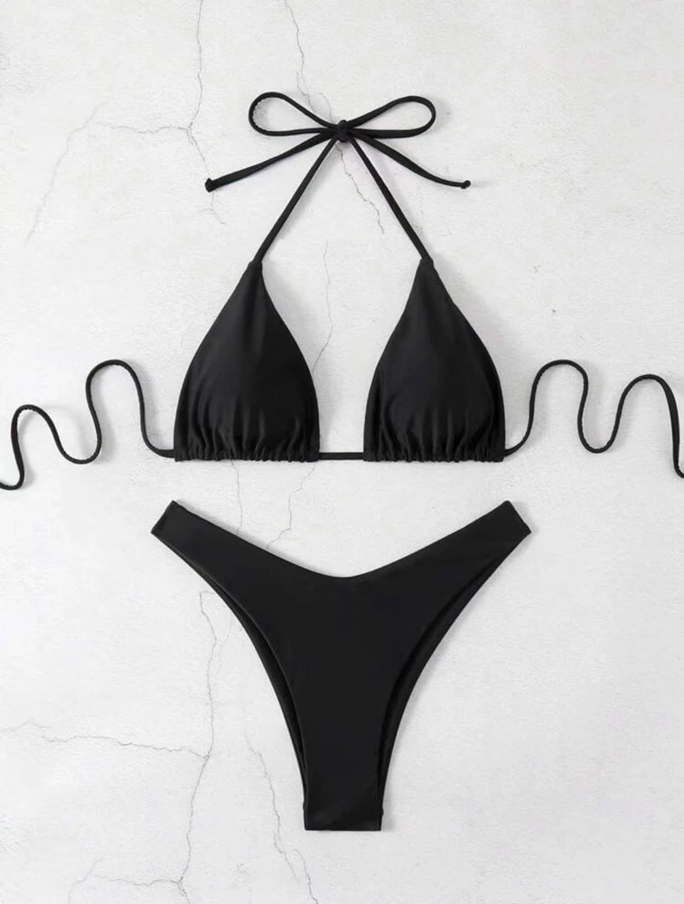 2 Piece Thong Bikini Solid White/Black/Coffee Halter Swimsuit Lace Up Brazilian Bathing Suit Double Fabric Beachwear The Clothing Company Sydney