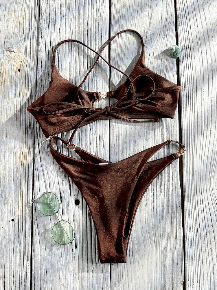 2 Piece Push Up Bikinis Two Piece Suit Bathsuit Bikini Sets Hollow Out Swimsuit String Bathwear Low Waist Swimwear - The Clothing Company Sydney