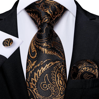 Luxury Black & Gold Paisley Silk Tie Set – Men's Necktie, Pocket Square & Cufflinks Gift The Clothing Company Sydney