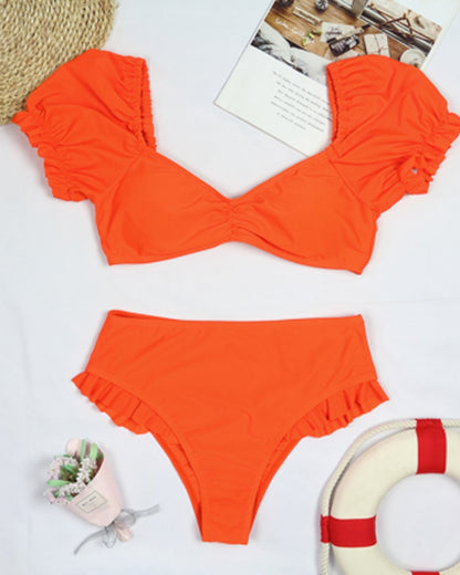 2 Piece Women Swimsuit Solid Colour Short Puff Sleeve Summer High Waist Cut Backless Bathing Suit Beachwear Bikini Set The Clothing Company Sydney