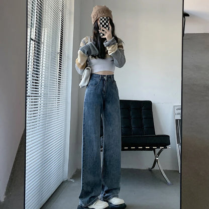High Waisted Jeans Y2K Fashion Women Clothing Blue Black Straight Leg Denim Pants Trousers Mom Jean Baggy Trousers - The Clothing Company Sydney