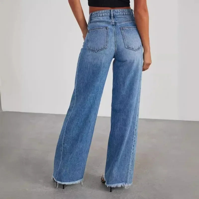 Spring Summer Women's Clothing Solid Color Loose Wide Leg Side Seam Stitching Frayed Hem Jeans The Clothing Company Sydney