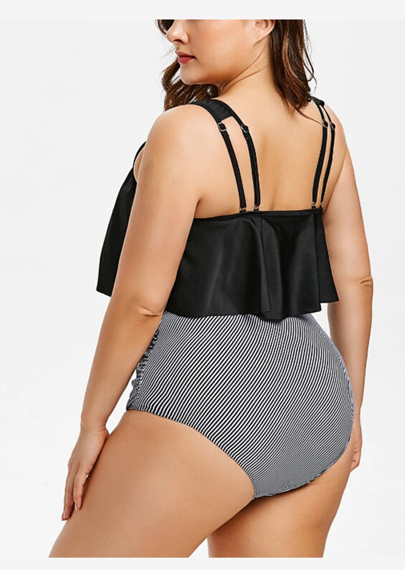 2 Piece Plus Size Swimsuit New Bikini High Waist Ruffle Edge Printed Striped Split Bikini Swimwear The Clothing Company Sydney