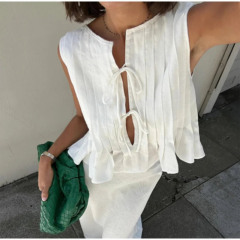 Elegant White Set 2 Piece Woman Chic Lace Up O Neck Ruffled Edge Short Matching Set Summer Street Outfit - The Clothing Company Sydney