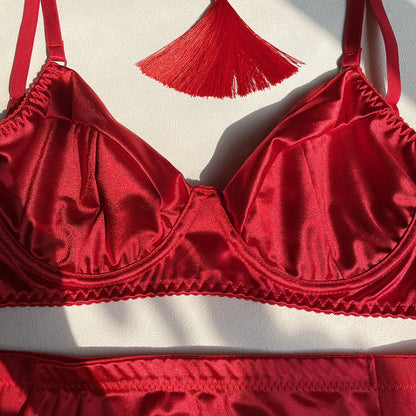5 Piece Satin Lingerie Underwear Lace Seamless Intimate Skirt Bra And Briefs Outfit Set - The Clothing Company Sydney