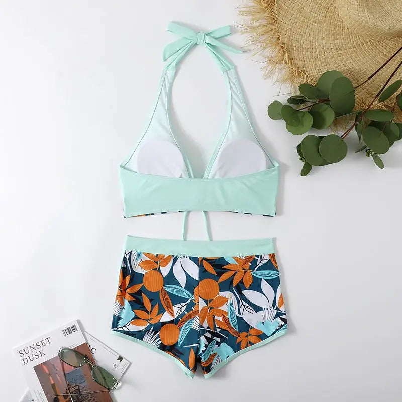 2 Piece Halter Bikini Set Shorts Swimsuit High Waist Swimwear Female Printed Bathers Swimming Bathing Swim Suit Beachwear - The Clothing Company Sydney
