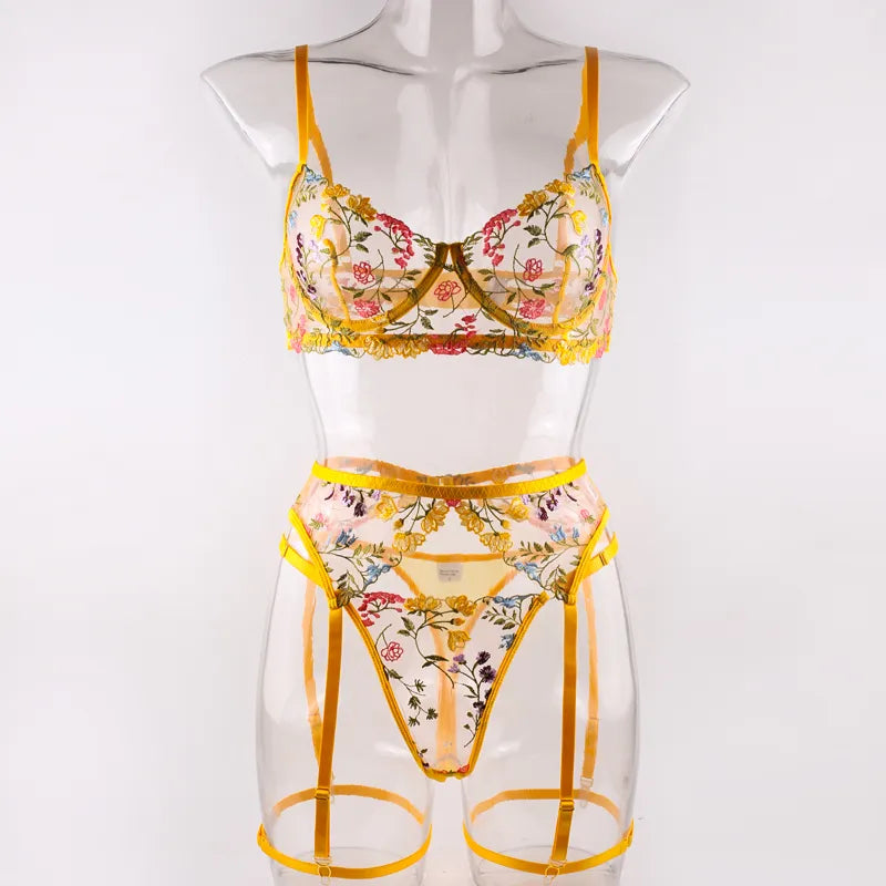 3 Piece Lingerie Sensual Lace Underwear Transparent Embroidery Garters Fancy Beautiful Bra Panties Intimate Set The Clothing Company Sydney