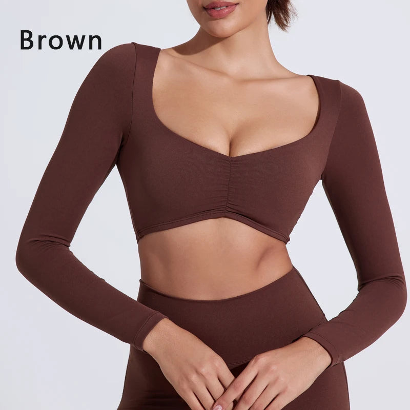 Nylon Gym Yoga long Sleeved T-shirt tight Pleated Sports women's waist tight yoga Top The Clothing Company Sydney