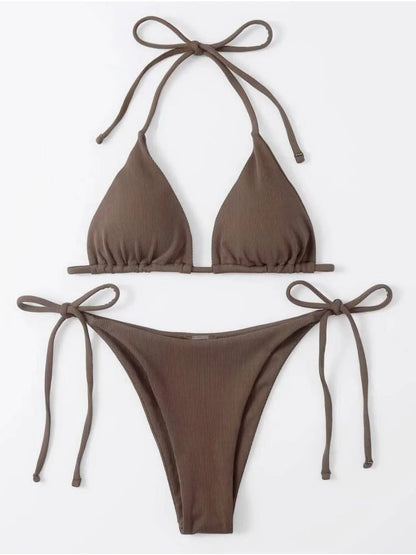 2 Piece Bathing Suit Ribbed Backless Pads Women Bikini Set Halter Triangle Bra Side Tie Thong Swimwear Set - The Clothing Company Sydney