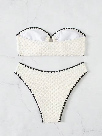 Swimwear White 2 Piece Strapless Swimsuit Bandeau Backless Bikini Set Lace-up Patchwork Bathing Suit The Clothing Company Sydney