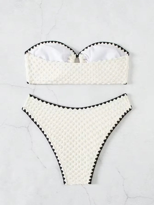 Swimwear White 2 Piece Strapless Swimsuit Bandeau Backless Bikini Set Lace-up Patchwork Bathing Suit The Clothing Company Sydney