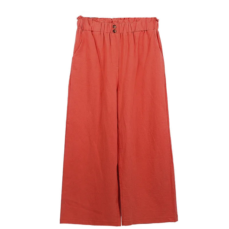 Women's Cotton Linen Loose Wide Leg Pants Summer Female High Elastic Waist Button Casual Streetwear Trousers The Clothing Company Sydney