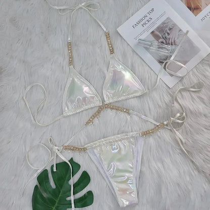 Rhinestone Two 2 Piece Swimsuit Crystal Thong String Bikini Set Women Swimwear Beach Wear Bathing Suit - The Clothing Company Sydney