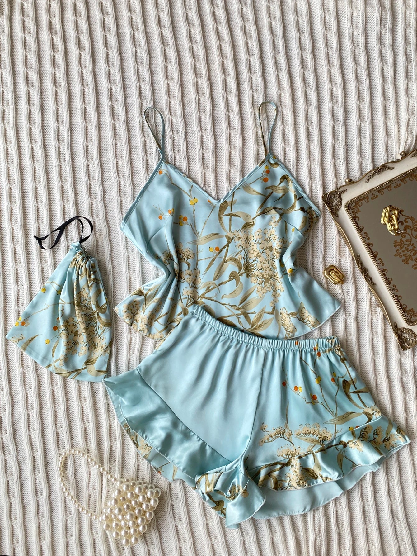 Women's Floral Cami Pyjama Set with Matching Bag – Ruffle Hem Shorts Sleepwear - The Clothing Company Sydney