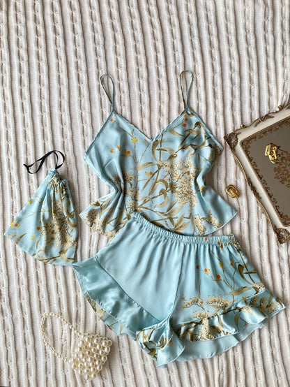 Women's Floral Cami Pyjama Set with Matching Bag – Ruffle Hem Shorts Sleepwear - The Clothing Company Sydney