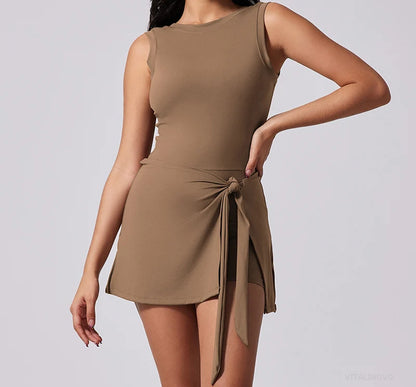 Women's Tennis Dress with Built in Shorts Athletic Dresses Sleeveless Boat Neck Active Workout Skort Dress - The Clothing Company Sydney