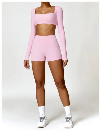 2 Piece Long Sleeve Gym Set Women Yoga Clothes Quick-Drying Sportswear Running Leggings Workout Sports Crop Top Shorts - The Clothing Company Sydney