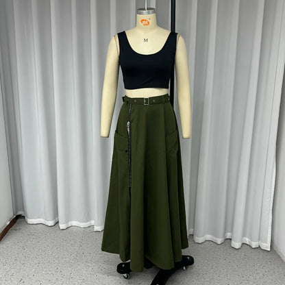 2 Piece Women's Solid Round Neck Sleeveless High Waist Vest Slim Top Loose With Pockets Zipper Long Skirt Matching Outfit Sets - The Clothing Company Sydney