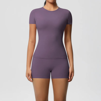 2 Piece Quick-Drying Gym Leggings Set Summer Short Sleeve Breathable Stretchy Yoga Slim Fitness Active Top Women's Cycling Bike Shorts The Clothing Company Sydney