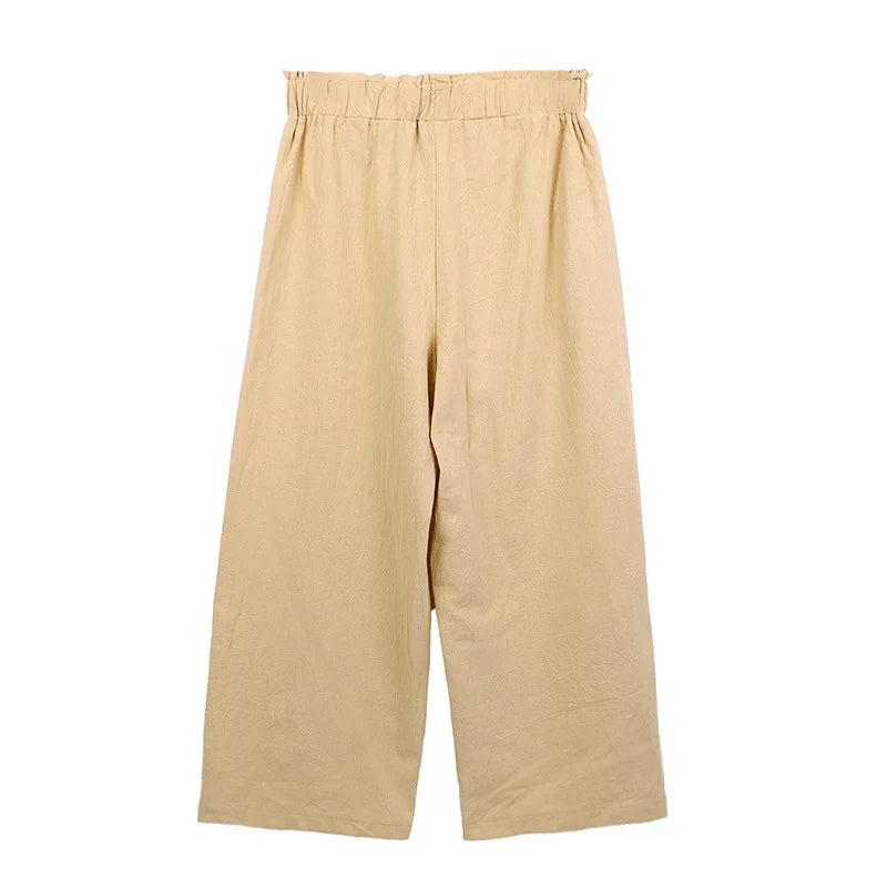 Women's Cotton Linen Loose Wide Leg Pants Summer Female High Elastic Waist Button Casual Streetwear Trousers The Clothing Company Sydney