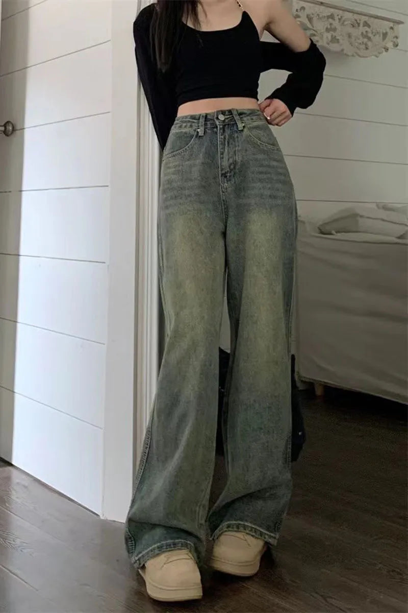 Vintage Baggy Straight Denim Trousers Y2K High Waist Loose Wide Leg Jeans Women Streetwear All-Match Casual Pants - The Clothing Company Sydney