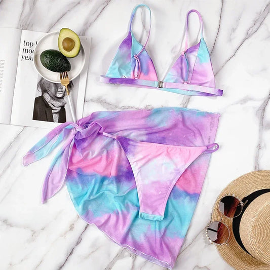 3 Piece Swimsuit Women Tie Dye Bikinis Summer Mesh Swimsuit with Cover Up Triangle Swimwear Bathing Suit - The Clothing Company Sydney