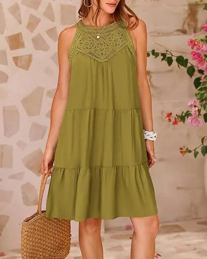 Hollow Lace Patchwork Halter Neck Women A Line Dress Summer Casual Solid Color Loose Beach Holiday Sundress The Clothing Company Sydney