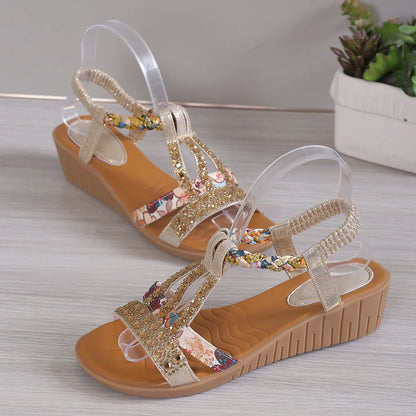 Summer Women's Wedge Shiny Rhinestones Elastic Platform Peep Toe Outdoor Sandals - The Clothing Company Sydney