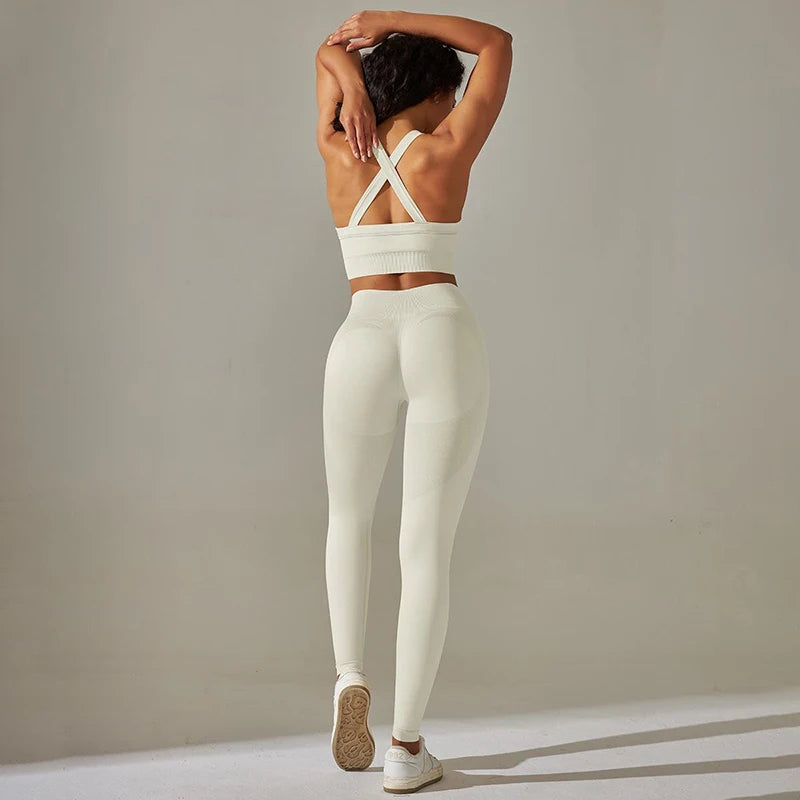 Cross Back Strap Yoga Set Women High Waist Leggings Running Workout Suits Sportswear Seamless Fitness Clothes Tracksuit Set - The Clothing Company Sydney