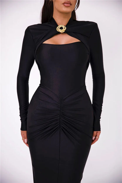 Hollow Out Long Sleeve Maxi Dress Gown Autumn Winter New Metal Buckle Ruched Slit Long Elegant Dress - The Clothing Company Sydney