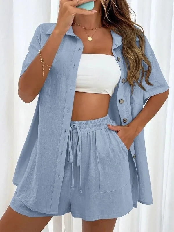 Casual Loose Single-breasted Top And Drawstring Shorts Set Fashion Ladies Suits Summer 2 Piece Set  Matching Outfits - The Clothing Company Sydney
