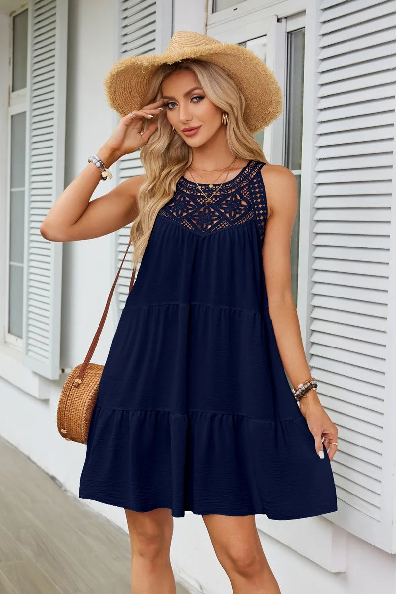 Hollow Lace Patchwork Halter Neck Women A Line Dress Summer Casual Solid Color Loose Beach Holiday Sundress - The Clothing Company Sydney