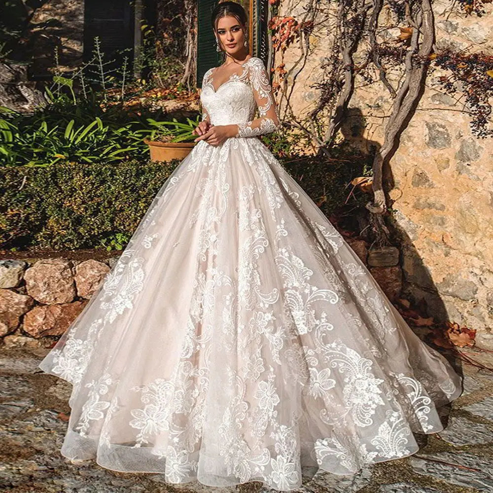 Lace Long Sleeves Bridal Gown Illusion Back Sweetheart Tulle A Line Wedding Dress - The Clothing Company Sydney
