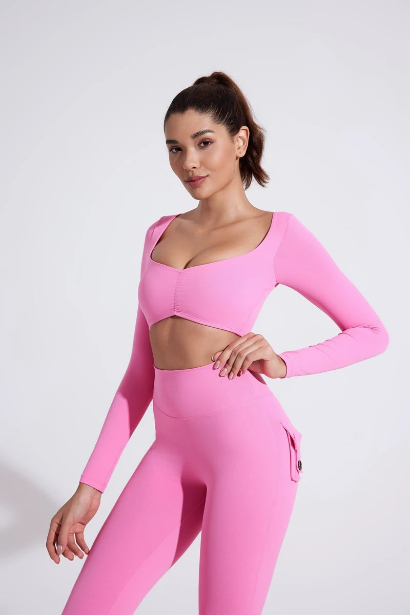 Nylon Gym Yoga long Sleeved T-shirt tight Pleated Sports women's waist tight yoga Top The Clothing Company Sydney
