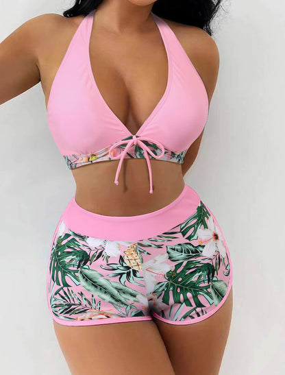 2 Piece Halter Bikini Set Shorts Swimsuit High Waist Swimwear Female Printed Bathers Swimming Bathing Swim Suit Beachwear - The Clothing Company Sydney