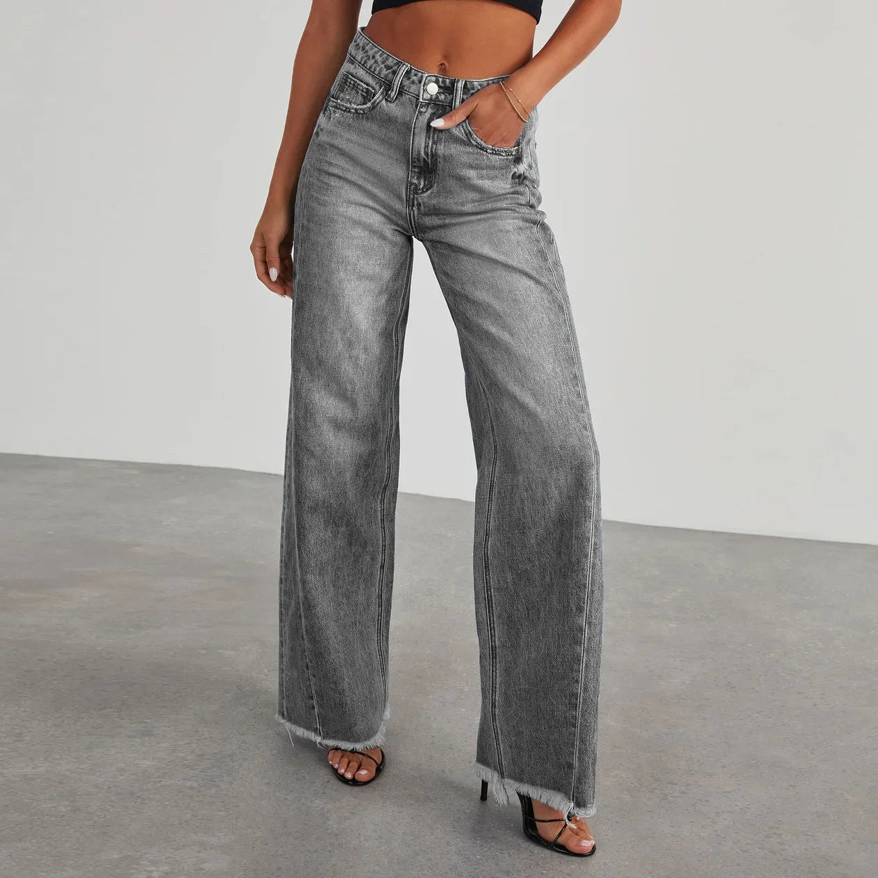 Spring Summer Women's Clothing Solid Color Loose Wide Leg Side Seam Stitching Frayed Hem Jeans The Clothing Company Sydney
