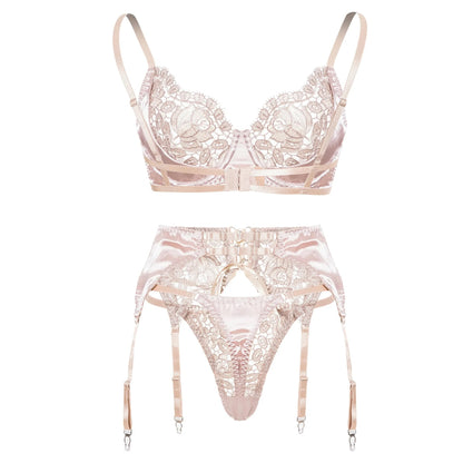 3 Piece Bra Briefs Fancy Lingerie Floral Embroidery Satin Underwear Intimate See Through Outfit Set The Clothing Company Sydney
