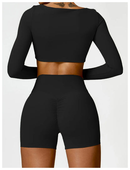 2 Piece Long Sleeve Gym Set Women Yoga Clothes Quick-Drying Sportswear Running Leggings Workout Sports Crop Top Shorts - The Clothing Company Sydney