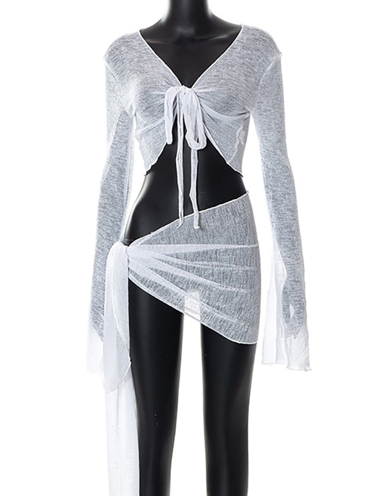 Green Summer Sexy Beach Dress Sets Women See Through Outfits White Long Sleeve Crop Top and Mini Skirt 2 Piece Set The Clothing Company Sydney
