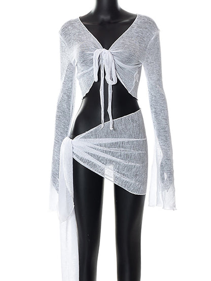 Green Summer Sexy Beach Dress Sets Women See Through Outfits White Long Sleeve Crop Top and Mini Skirt 2 Piece Set The Clothing Company Sydney