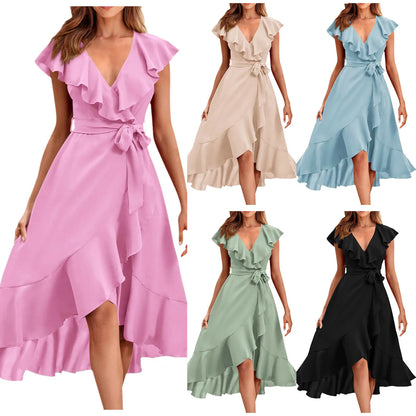 Women's Boho Dress Ruffled Deep V Neck Irregular Long Dress Belted Short Sleeve Wrapped Double Layer Casual Beach Sundress - The Clothing Company Sydney