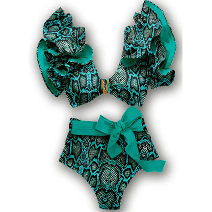 V-Neck High Waist Bikini Sets Shoulder Ruffled Printed Swimsuit Two Piece Swimwear Bathing Suits The Clothing Company Sydney