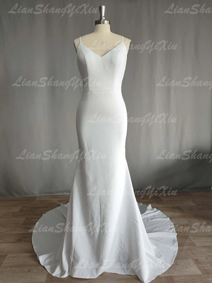 Satin Wedding Dress V-neck Spaghetti Straps Backless Formal Pleat Bridal Grown - The Clothing Company Sydney