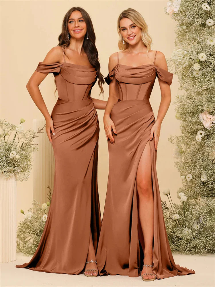 Off-the-Shoulder Spaghetti Straps Silk Satin Sheath Bridesmaid Dress Elegant Zipper Back Gowns For Wedding Guests - The Clothing Company Sydney