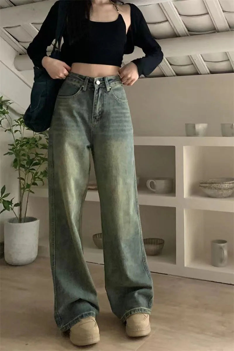 Vintage Baggy Straight Denim Trousers Y2K High Waist Loose Wide Leg Jeans Women Streetwear All-Match Casual Pants - The Clothing Company Sydney