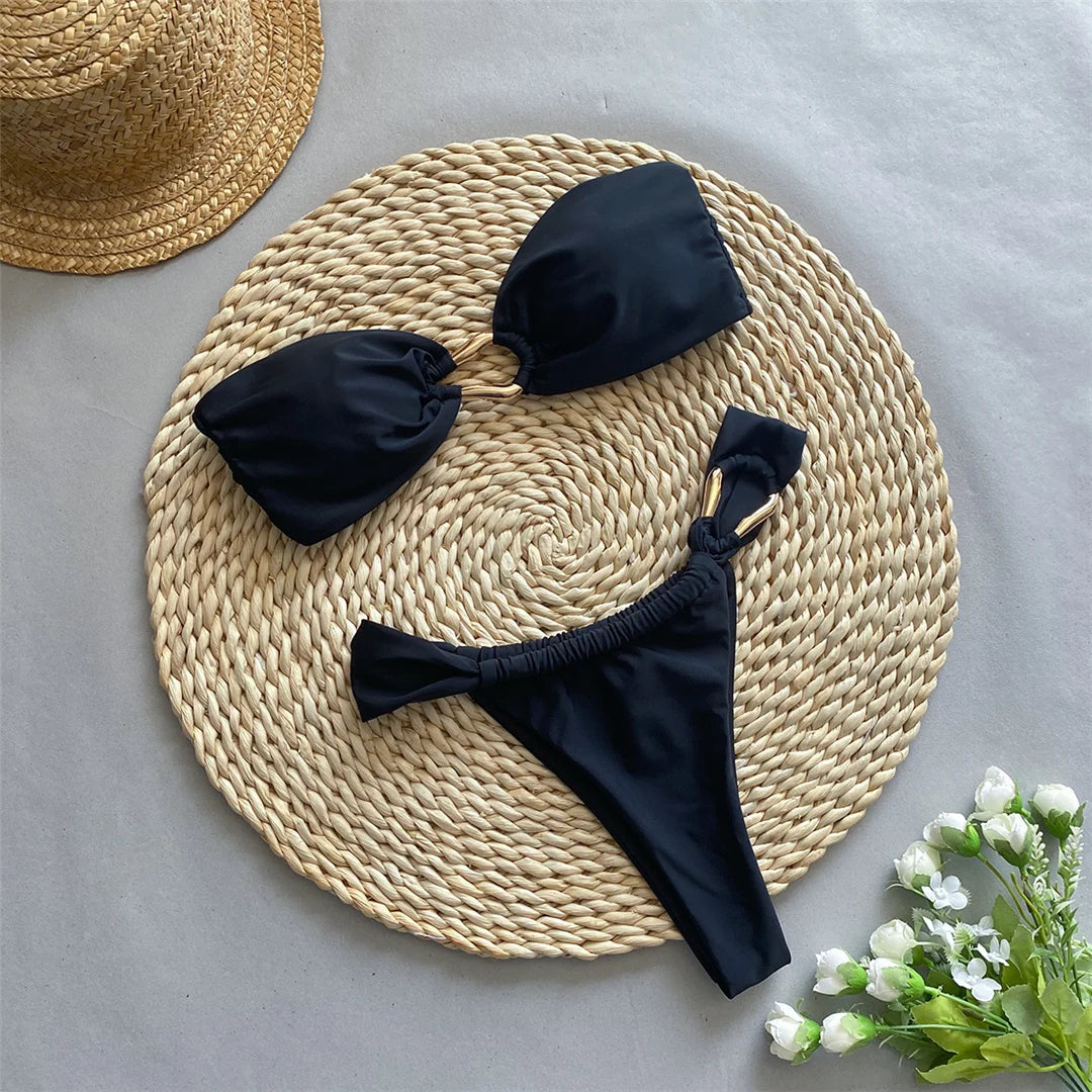 Bandeau High Leg Cut Metal Rings Bikini Swimsuit Swimwear Two-pieces Bikini set Bather Bathing Suit - The Clothing Company Sydney