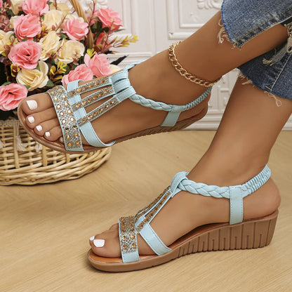 Women's Wedge Summer Shoes Rhinestones Elastic Platform Peep Toe Outdoor Sandals - The Clothing Company Sydney